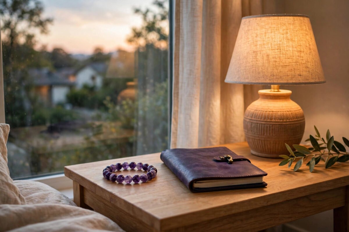 Amethyst bracelet and a closed journal on a bedside table with a warm lamp, suggesting evening reflection