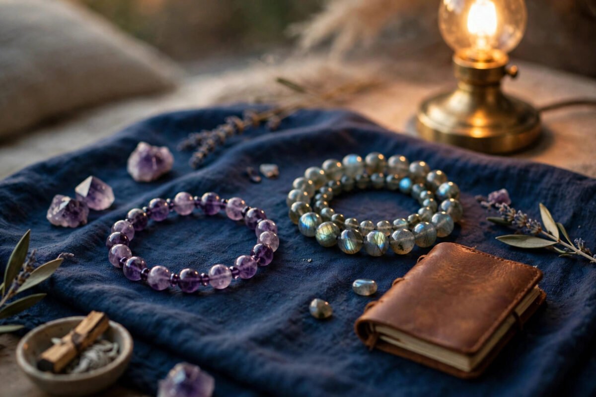 Amethyst and labradorite crystal bracelets on deep indigo cloth with a small journal and moonlight-toned lamp glow