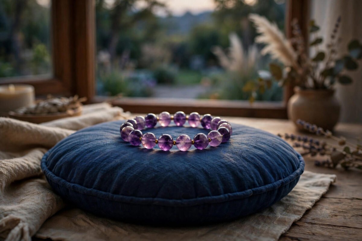Single amethyst crystal bracelet resting on an indigo meditation cushion in a dim peaceful evening setting
