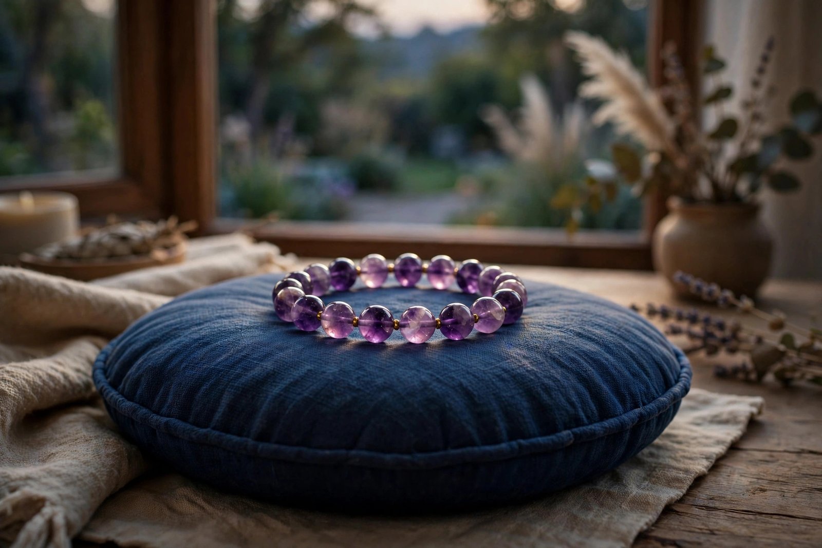 Single amethyst crystal bracelet resting on an indigo meditation cushion in a dim peaceful evening setting
