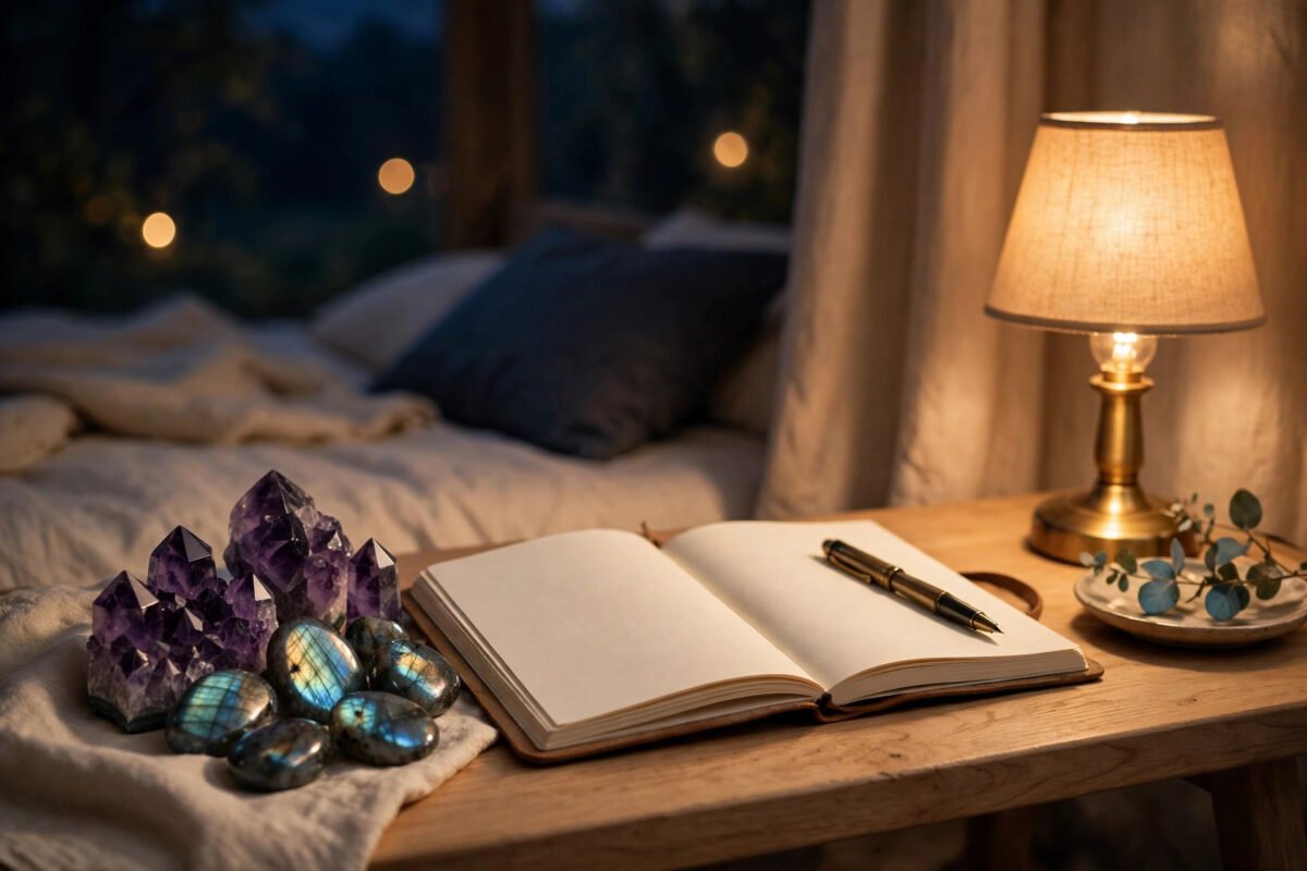 Amethyst and labradorite crystals beside an open dream journal and pen on a calm bedside table