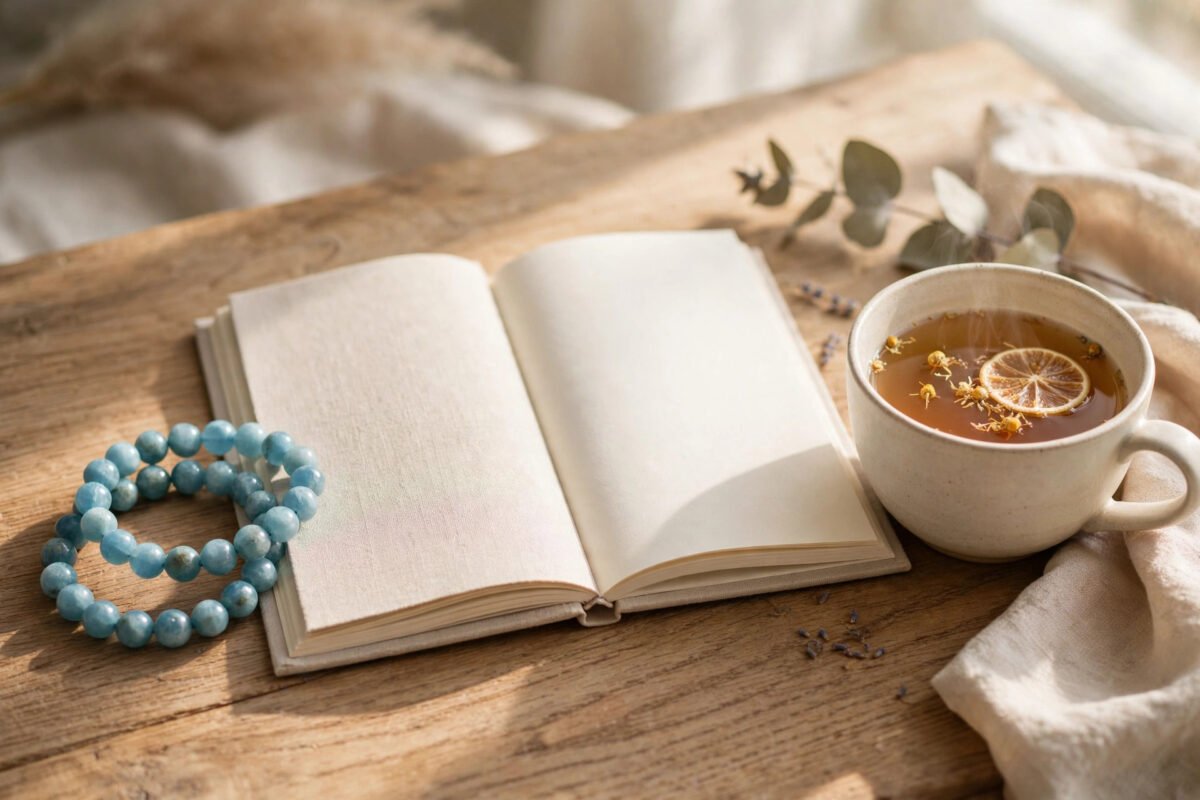 Blue aquamarine bracelet beside an open journal and a cup of tea on a wooden desk in soft daylight