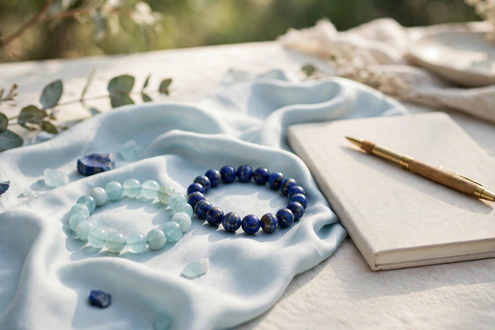 Aquamarine and lapis lazuli crystal bracelets on pale blue silk beside a notebook and pen in bright natural light