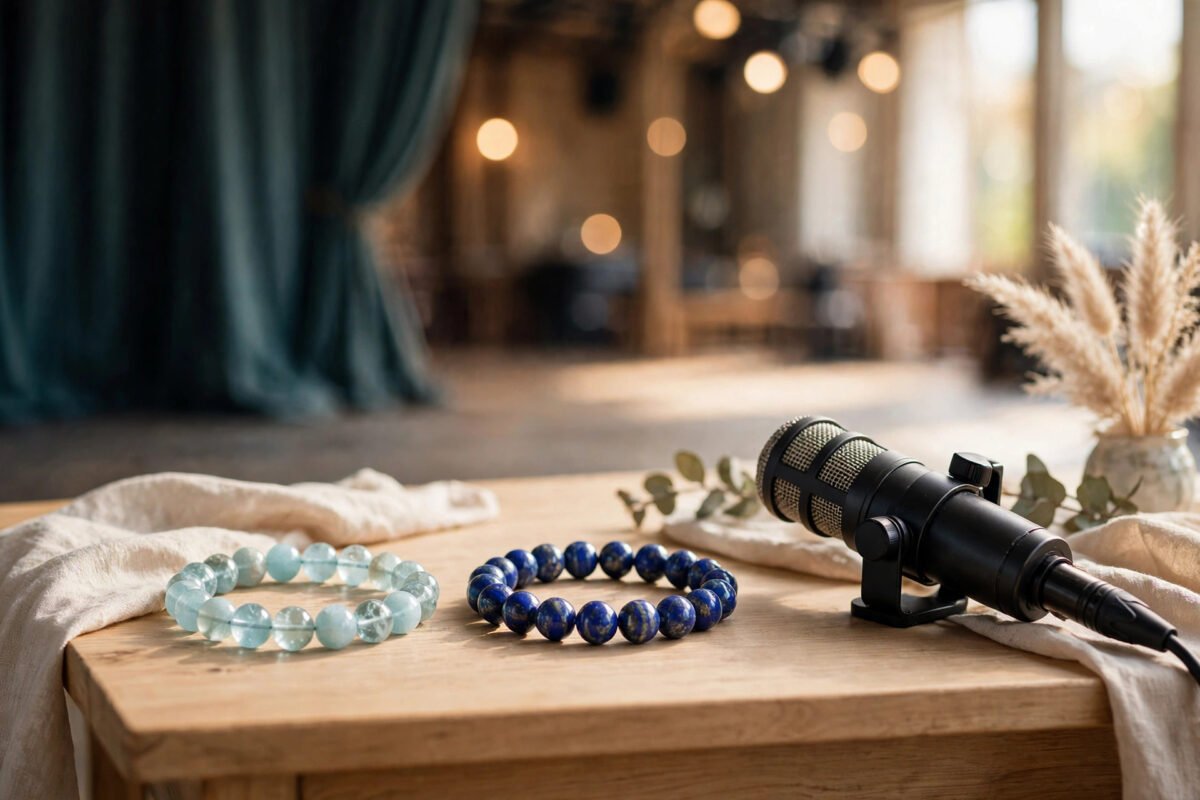 Aquamarine and lapis lazuli crystal bracelets beside a microphone on a bright stage-side table