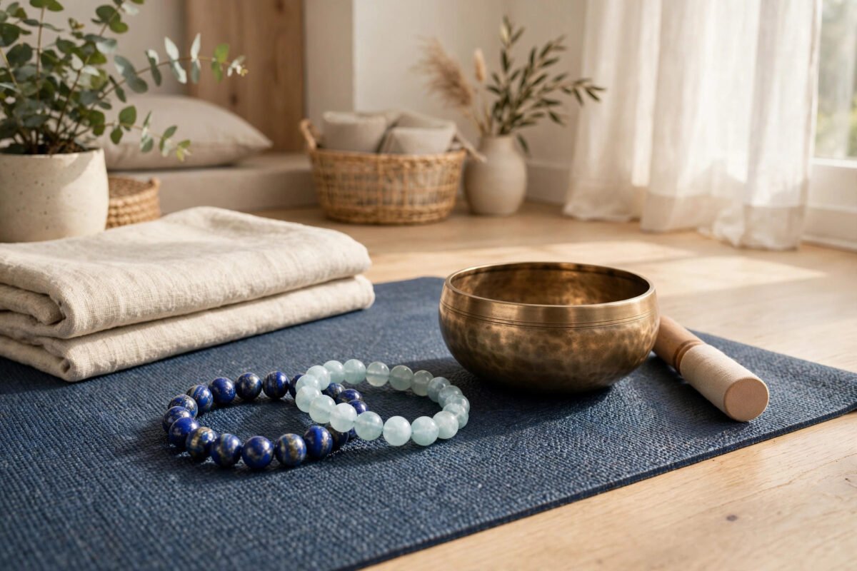 Lapis lazuli and aquamarine bracelets on a yoga mat beside a singing bowl in a bright calm room