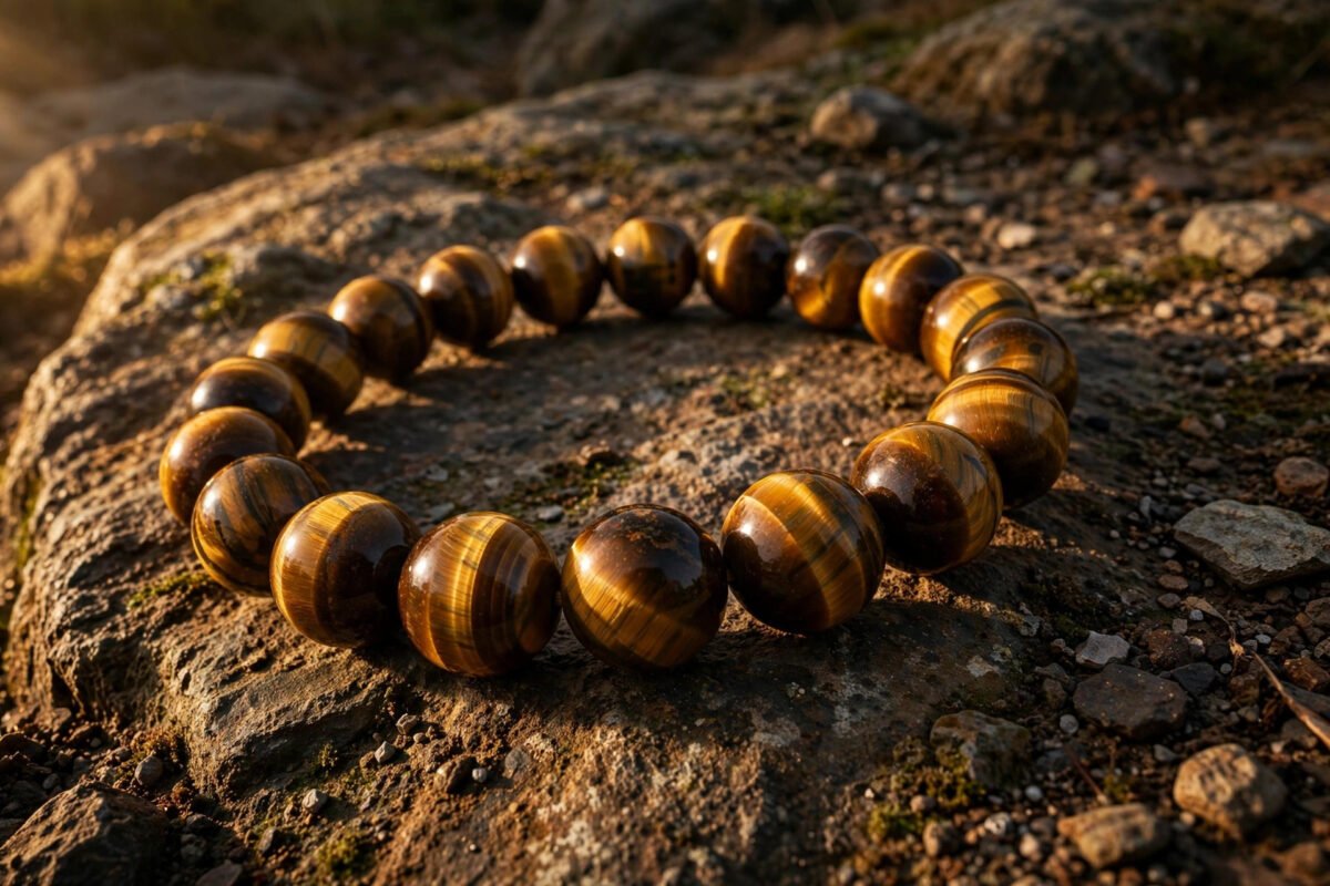 Tiger's eye bracelet with golden brown chatoyant bands on stone surface, feng shui jewelry