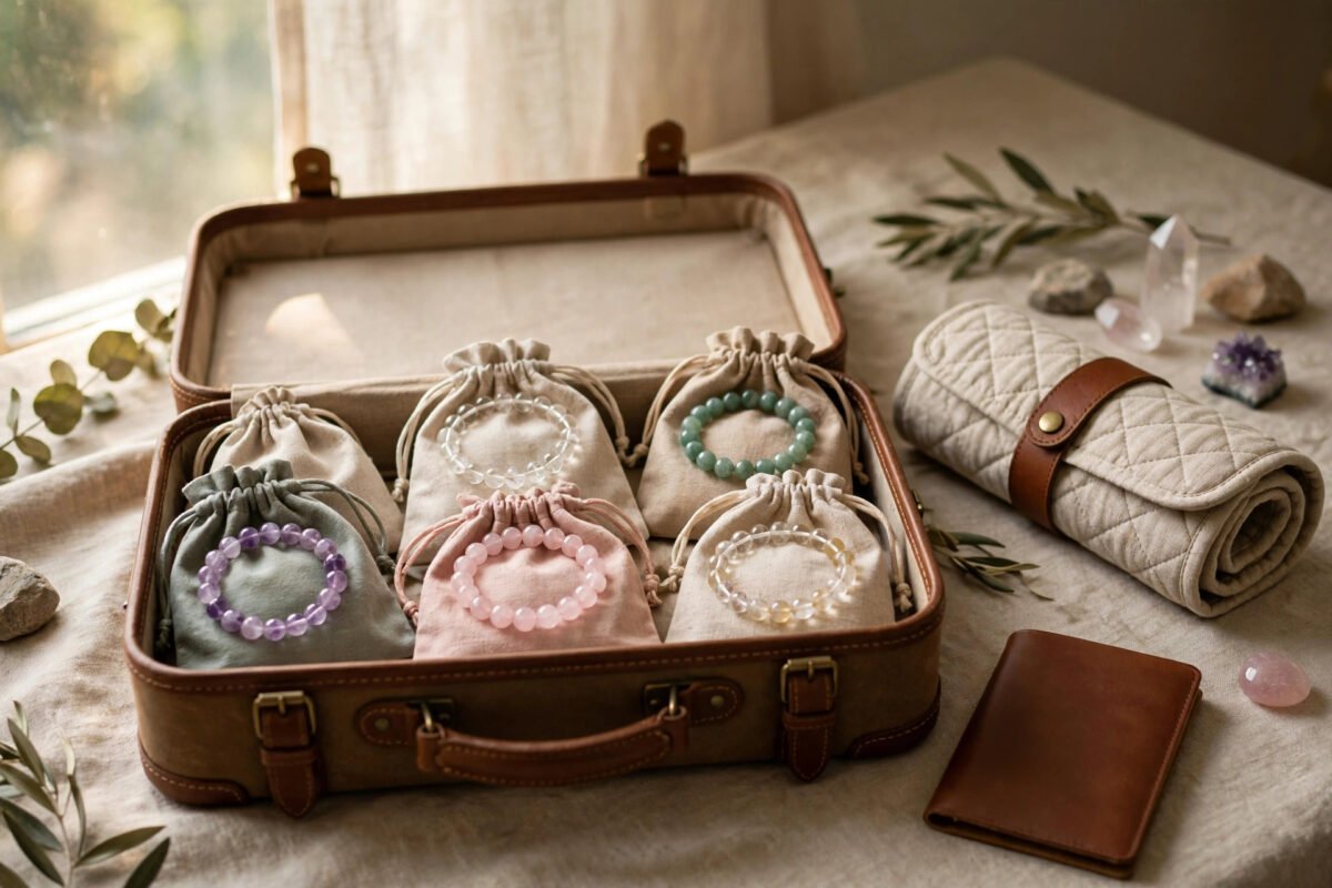 Crystal bracelets packed in individual soft pouches inside an open suitcase with a travel jewellery roll