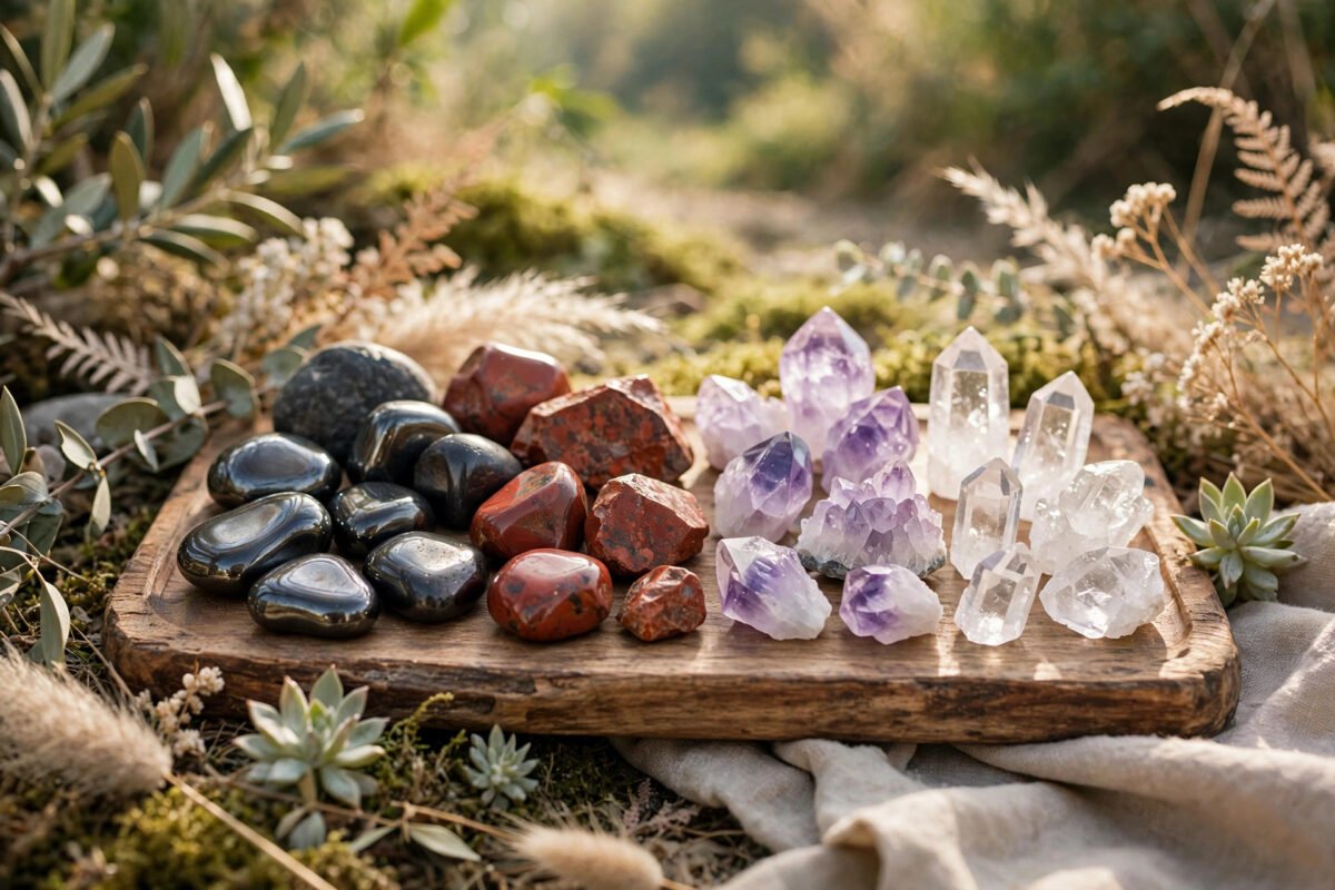 Dark grounding stones and pale amethyst and quartz crystals balanced on two sides of a wooden scale