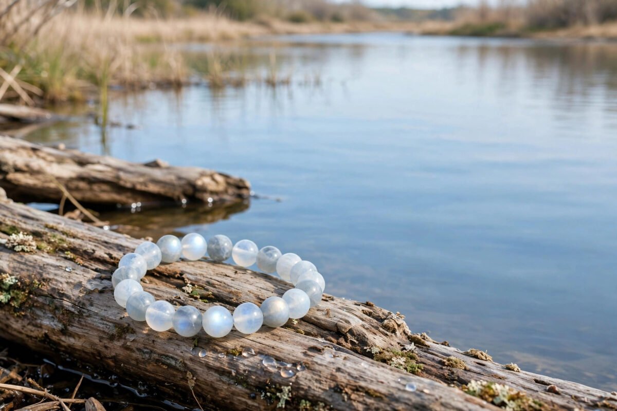 Water element bracelet with moonstone and blue beads on driftwood, feng shui jewelry