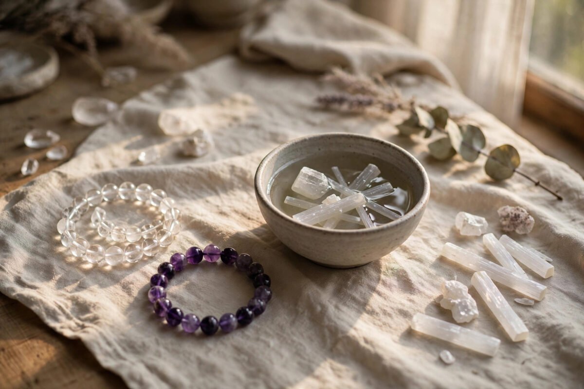 Quartz and amethyst crystal bracelets beside a bowl of water, with selenite kept dry nearby