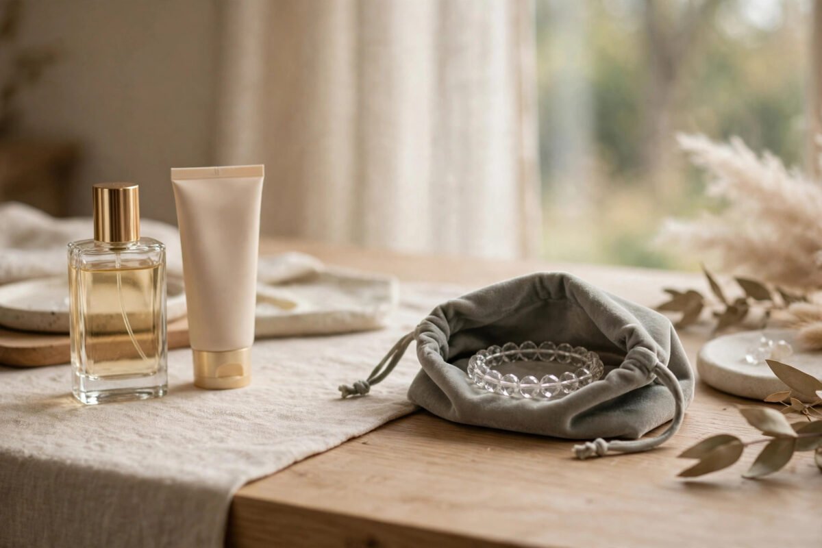 Perfume bottle, sunscreen and crystal bracelet kept apart on a dressing table with a soft jewellery pouch