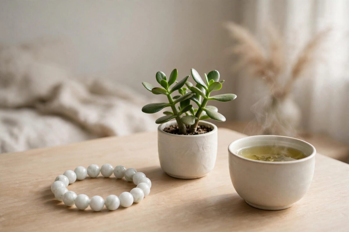 White jade bracelet on wooden table beside small jade plant, feng shui home harmony