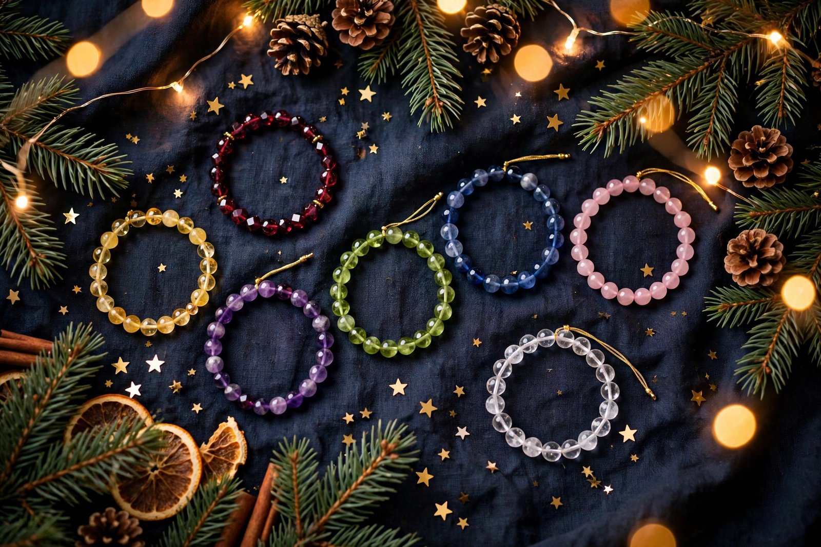 Colorful zodiac crystal birthstone bracelets arranged as Christmas gifts